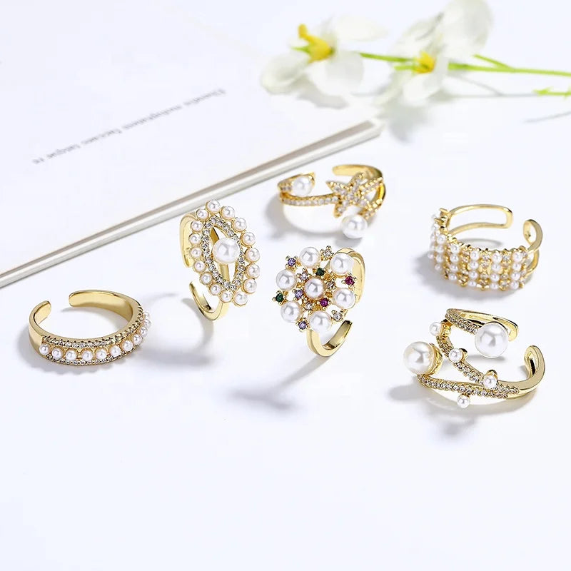 Wedding 18K Gold Plated Fine Pearl Classic Rings Adjustable High Quality Jewelry Women Moissanite Ring