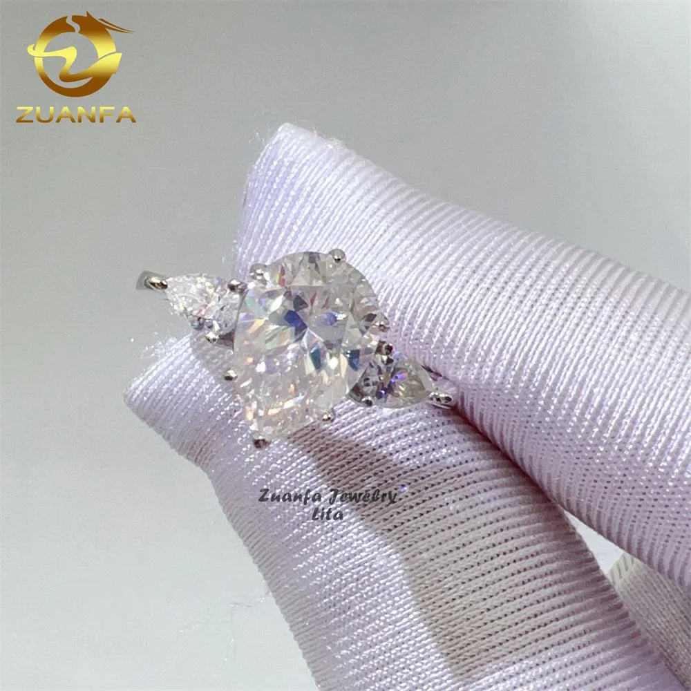 New Arrivals 2 Carat 925 Silver White Gold Diamond Moissanite 3 Stones Pear Shape Engagement Ring