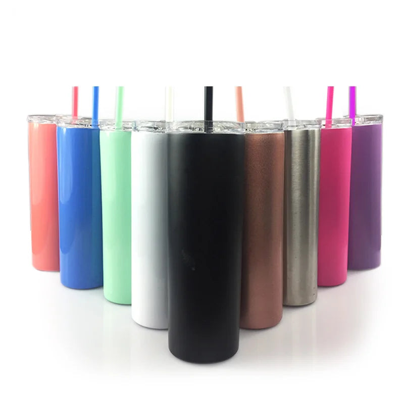 20oz Skinny Stainless Steel Tumblers Slim Cup Paint Coated Insulated Double Wall Water Tumbler With Lid and Straw Customization