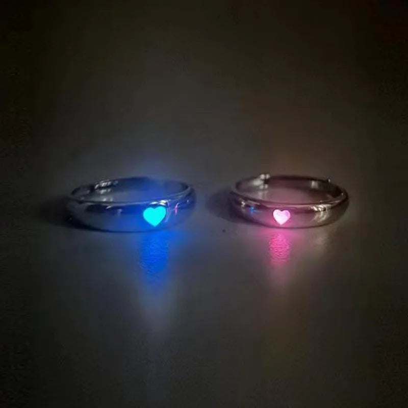 Glow in Dark Luminous Couple Ring Fashion Blue Pink Love Heart Luminous Ring for Women Men Adjustable Lover Rings