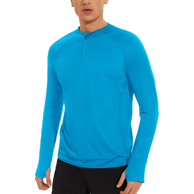 Men's Back Pocket Lightweight Athletic Tops Quick Dry Hiking T-shirts Quarter Zip Long Sleeve Running Shirts