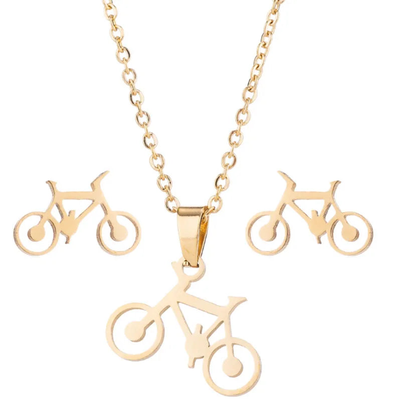 Yiwu Fashion Bike Shaped Jewelry Silver Stainless Steel  Charms Pendant Necklace and Earrings Women Jewelry Set