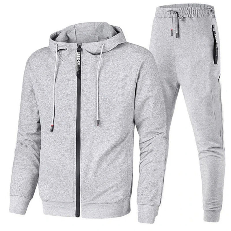Autumn Men Zip up Hoodie Tracksuit Set Custom Breathable Windproof Polyester Cotton Solid Pattern Plain Dyed Athletic Casual