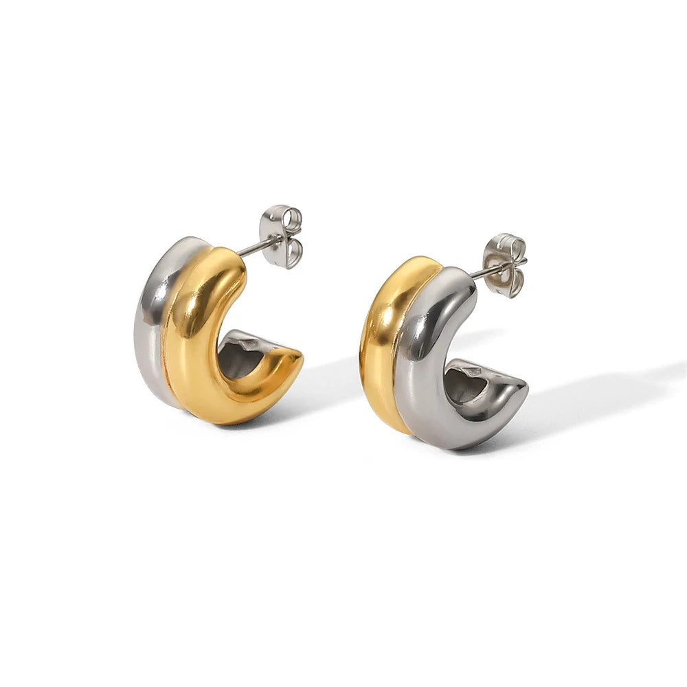 N&S Gold and Silver Two-Tone Double Hoop Stud Earrings Trendy Stainless Steel Jewelry Inspired by Jackson Wang's Style for Gift