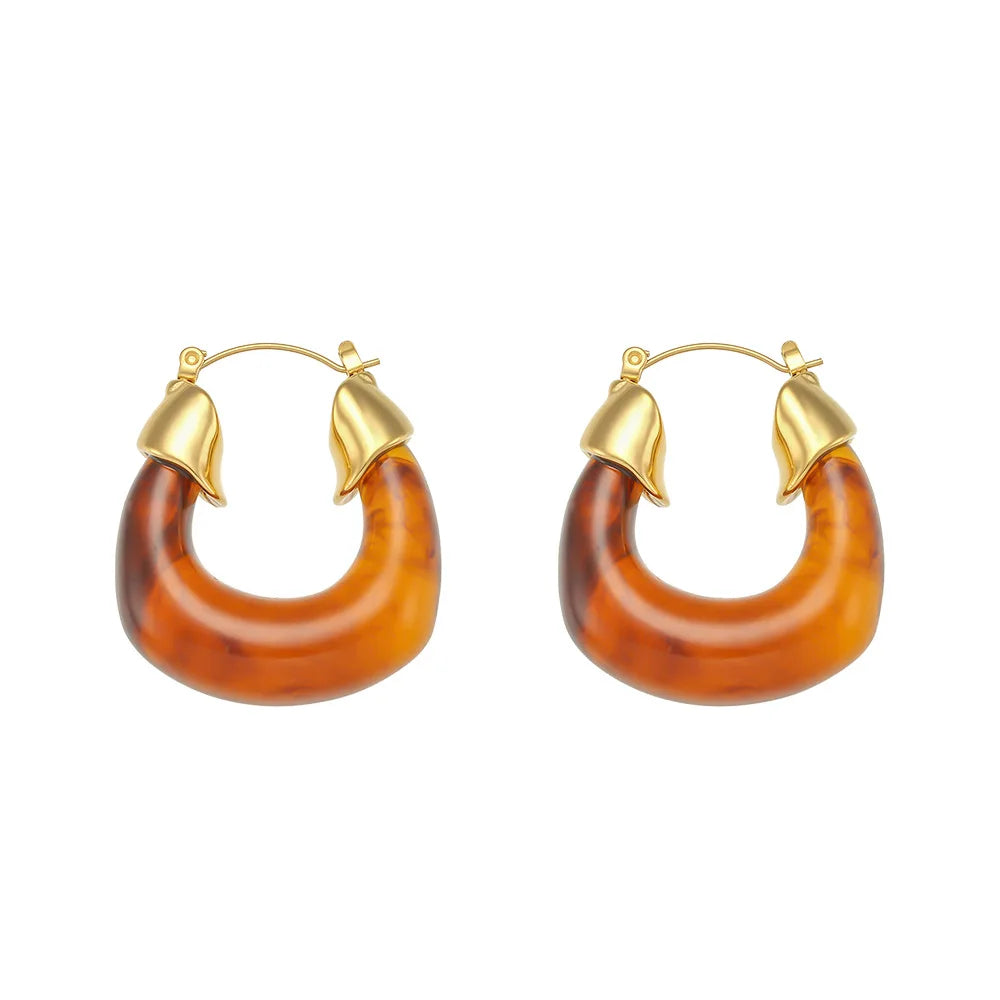 Trendy Chic Gold Chunky Lucite Resin U Hoop Earrings Stainless Steel Green Coffee Clear Transparent for Weddings and Parties