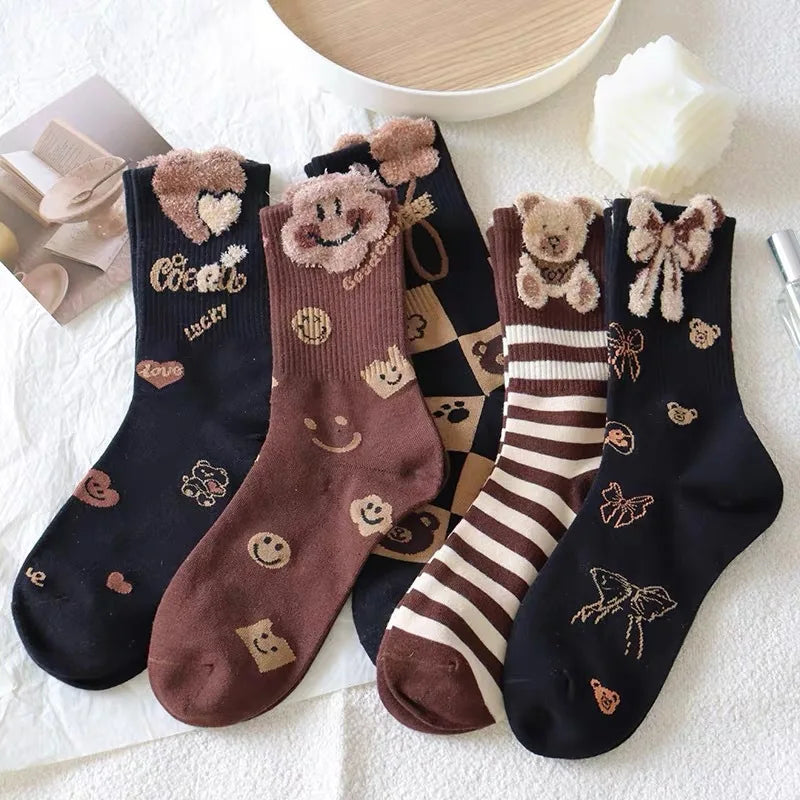 Wholesale Student Cotton Socks Custom Coffee Color Bear Leisure Match Tall Tube Breathable Women Winter Socks