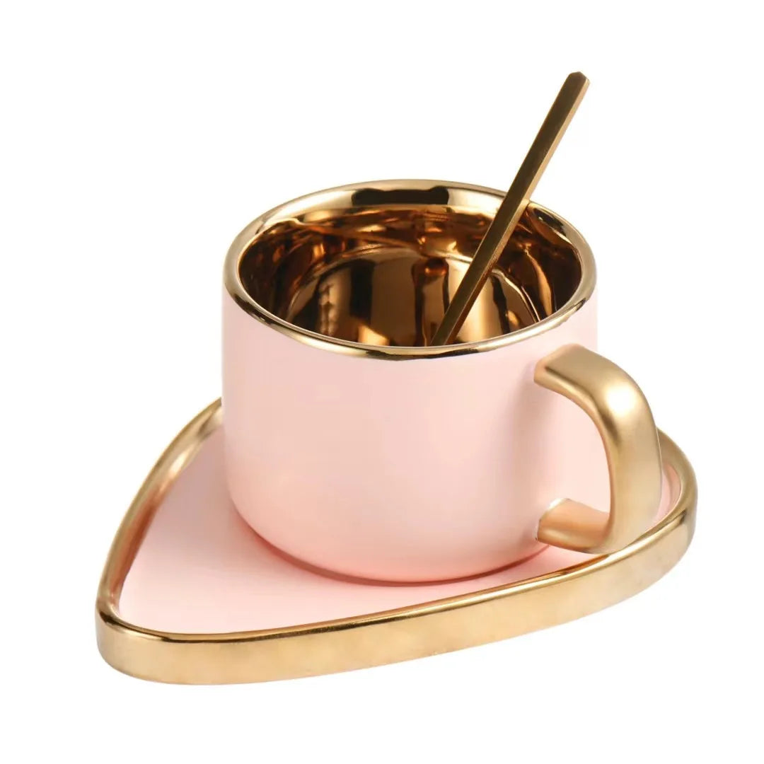 Hot Sale New Turkish Style Interior Electroplating Afternoon Tea Coffee Cup and Saucer Set with Spoon Custom logo