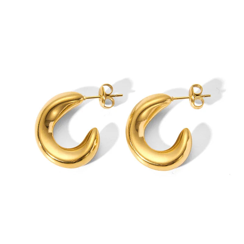 Girls Twisted Chunky Gold Plated Stainless Steel C Shape Stud Earrings