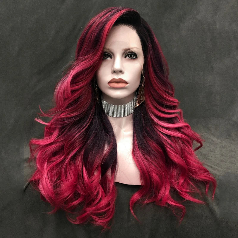 Celebrity Multicolor Highlight Bundundy Red Long Wavy Heat Resistant Fiber Drag Queen Wig Volume Lace Front Wigs
