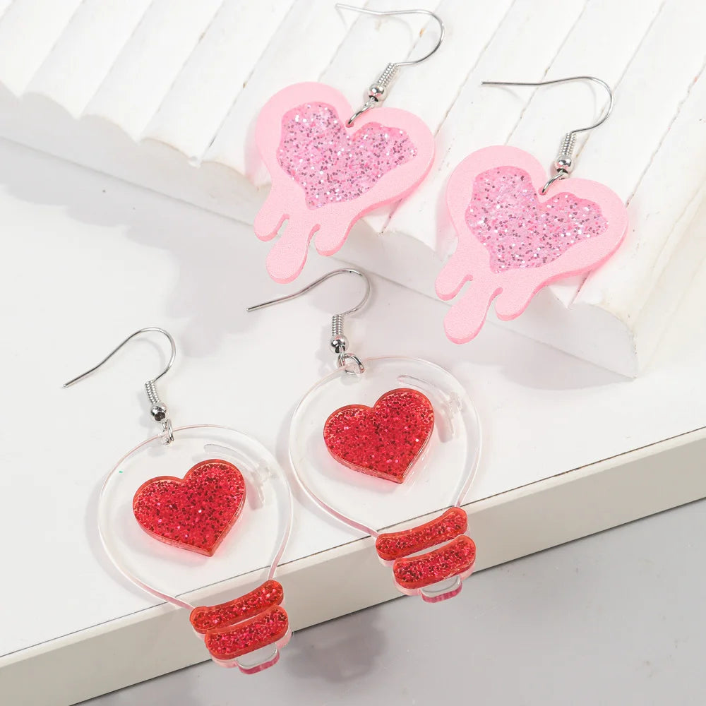 Korean Designer 2025 Valentine's Day Jewelry Romantic Heart Pink Red Glitter Sweet Girl Transparent Bulb Acrylic Drop Earrings