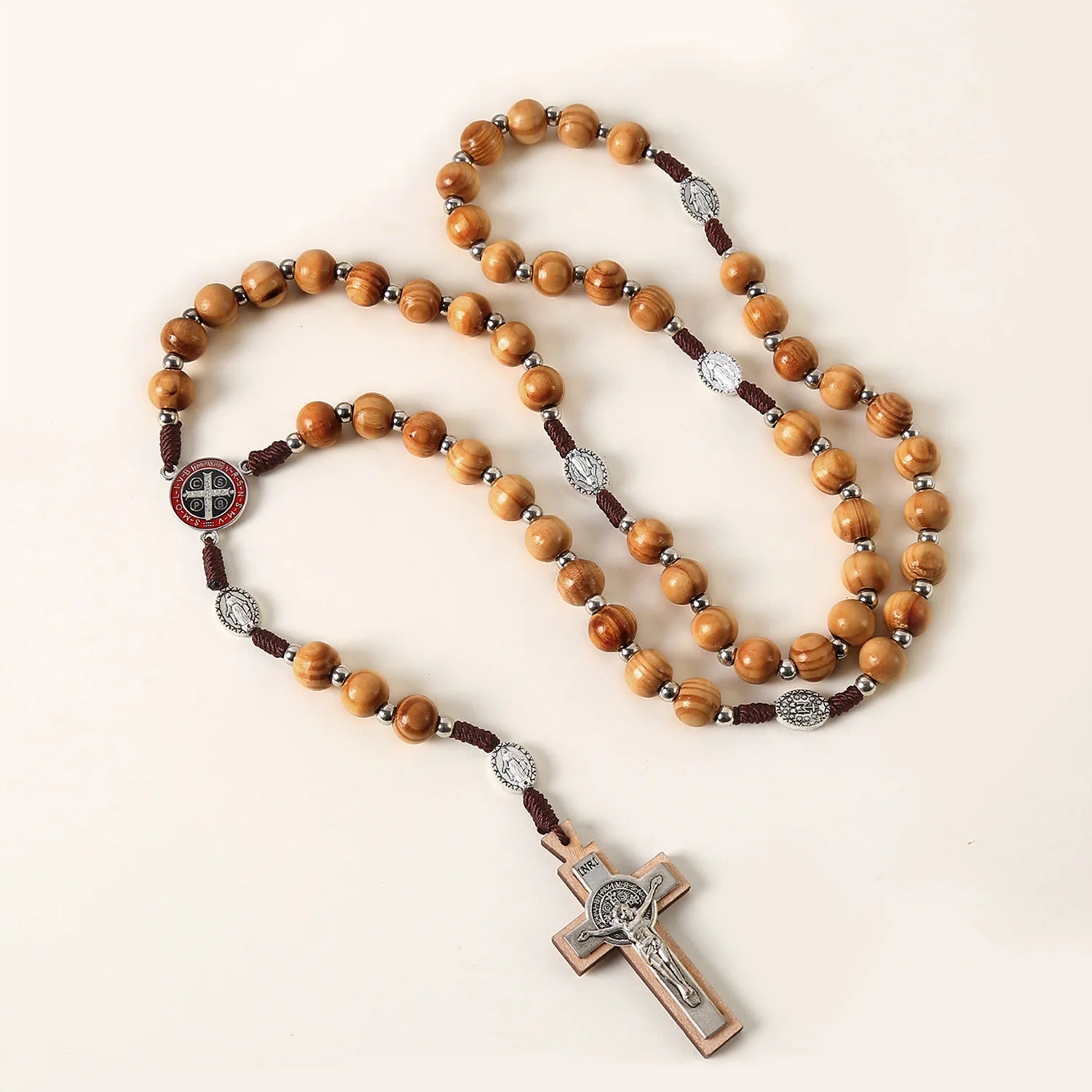 Catholic Rosary Necklace 10mm Beads Prayer Cross Jerusalem Handwoven Cross-Border Wooden Jewelry