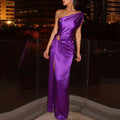 OEM Long  Slit Dresswaist High Waist Temperament Solid Color Oblique Shoulder Temperament Hollow Evening Dress