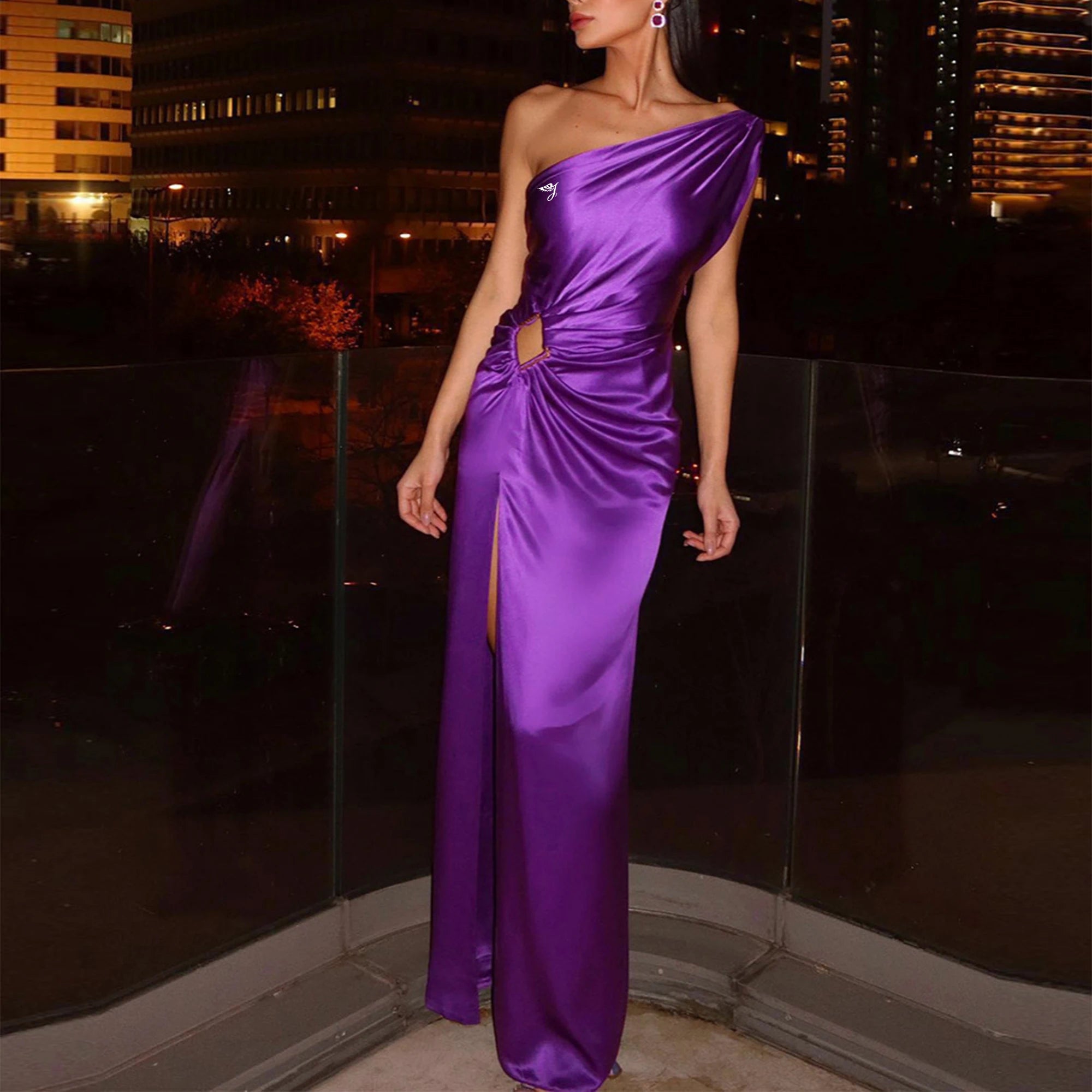 OEM Long  Slit Dresswaist High Waist Temperament Solid Color Oblique Shoulder Temperament Hollow Evening Dress