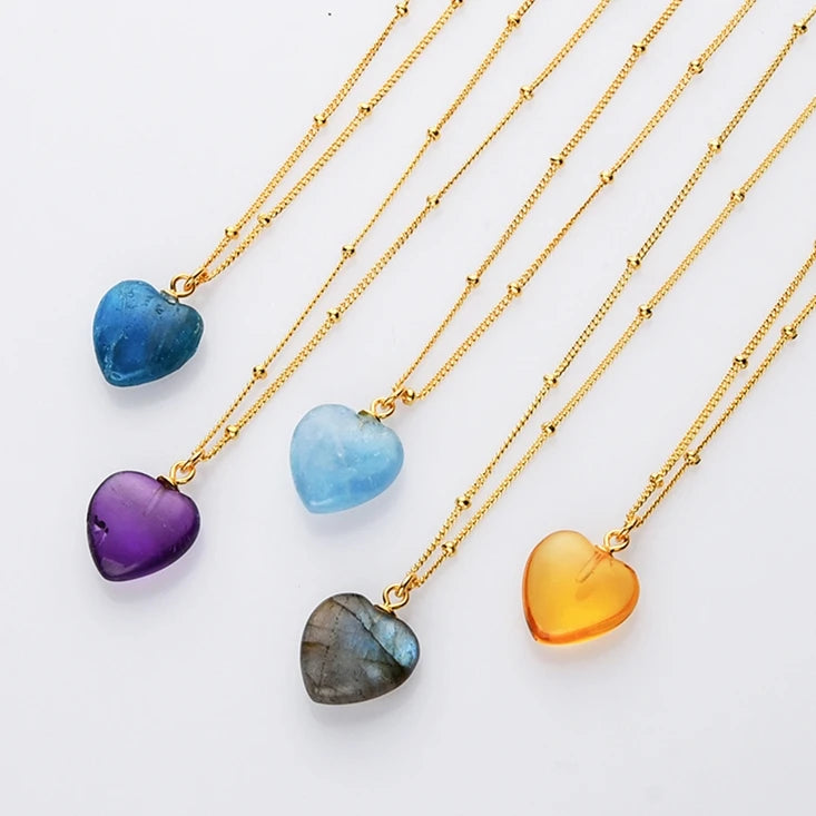 Natural Birthstone Moonsotne Heart Pendant Necklace  925 Sterling Silver Ball Chain Necklace Woman
