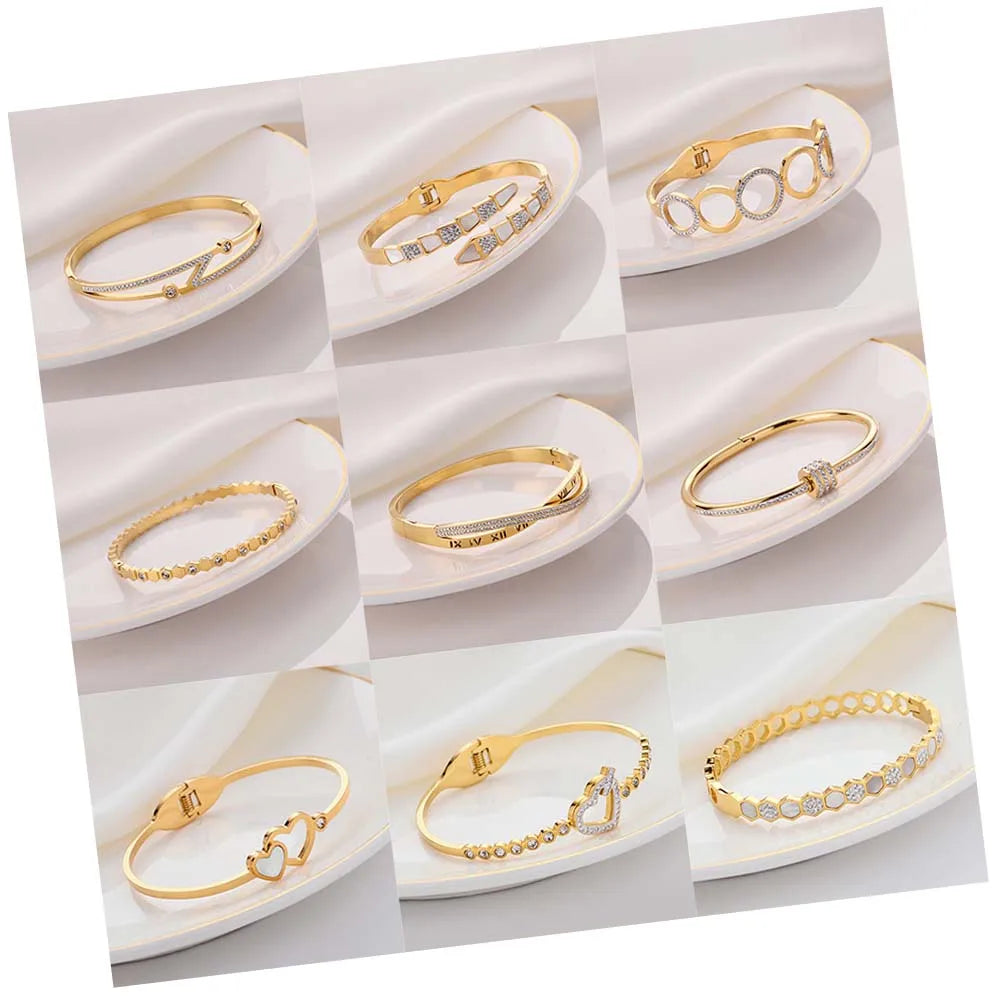 100 Models No Fade Tarnish Free Waterproof Mother of Pearl Bangle 18k Gold Plated 316L Stainless Steel Gold Plated Bangles