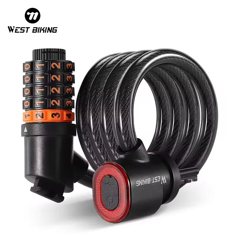 WEST BIKING Bicycle Five Digit Password Tail Light Steel Bicycle Cable Lock Security Thicken Anti-theft Waterproof Bike Lock MegaBDM