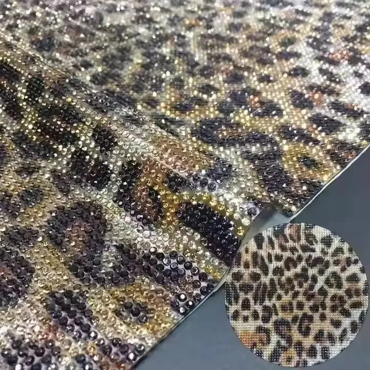 Brown Leopard Print 24*40cm Crystal Rhinestones Adhesive Sheet Bling Diamond Hotfix Rhinestone Sheet Sticker for Diy Decoration