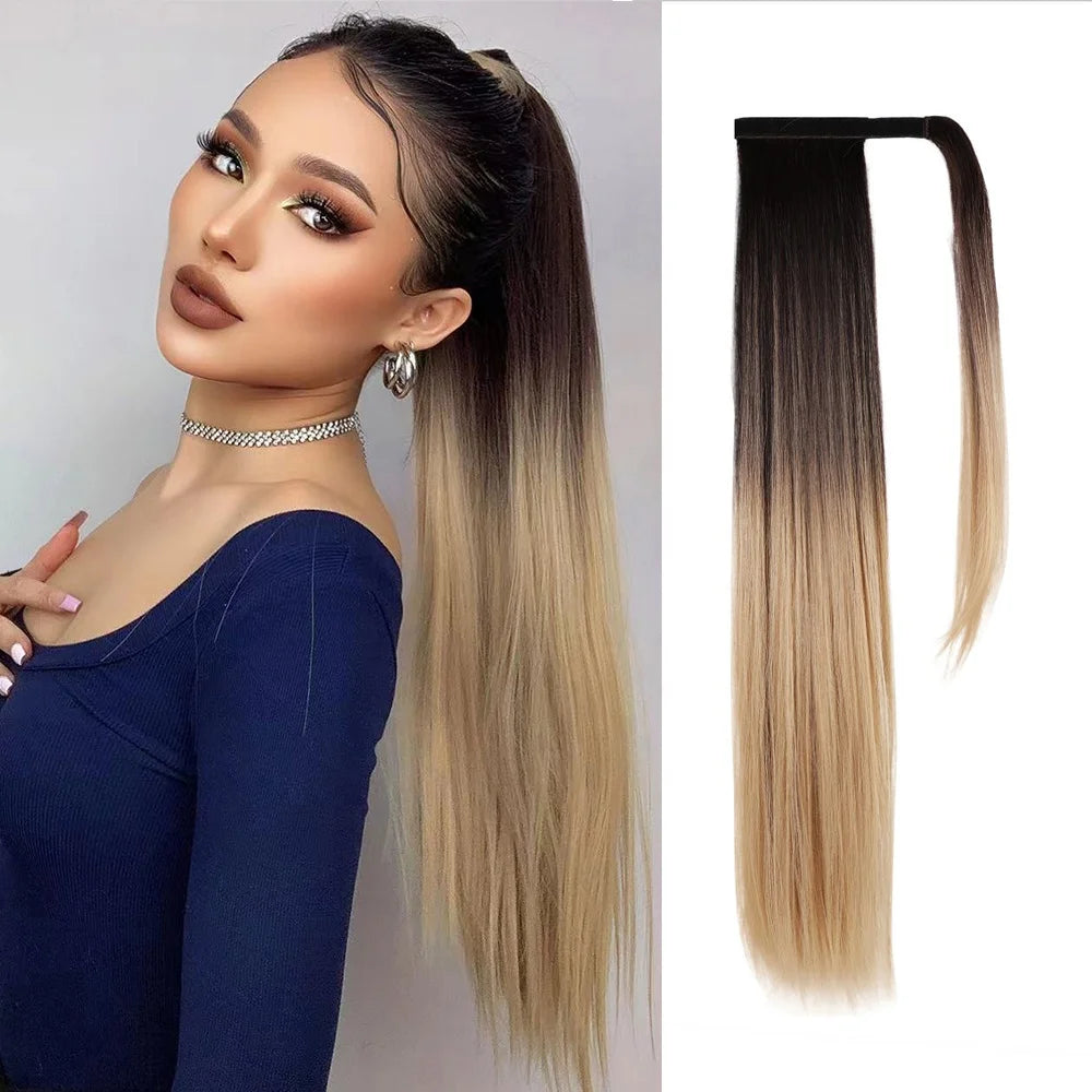Immediate Delivery Straight Ponytail Extension 26 Inch Ponytail Natural Long Ponytails Wrap Around Synthetic Hair Pieces