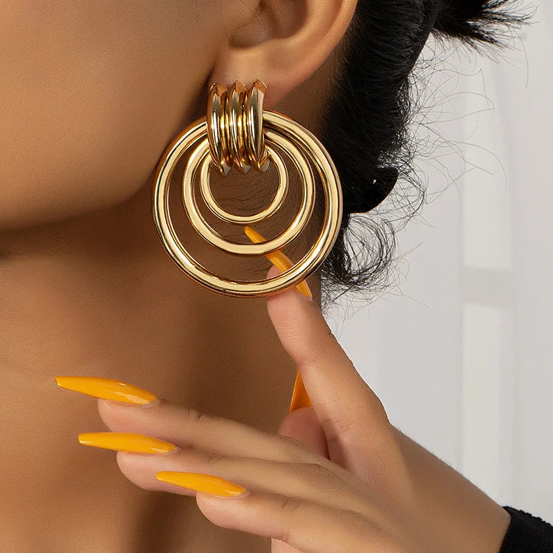 Statement 14K Gold Plated Geometric Round Dangle Earrings Exaggerated Hollow Circle Dangle Earrings for Women