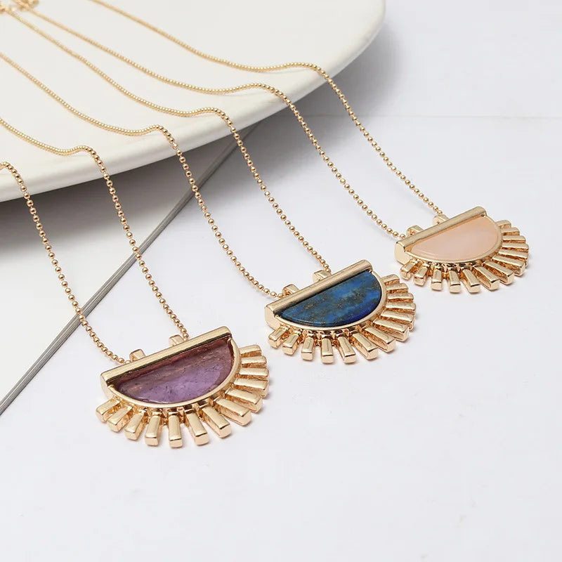 Gemstone Jewelry Geometric Pink Crystal Gold Plated Natural Stone Rose Quartz Amethyst Pendant Necklace