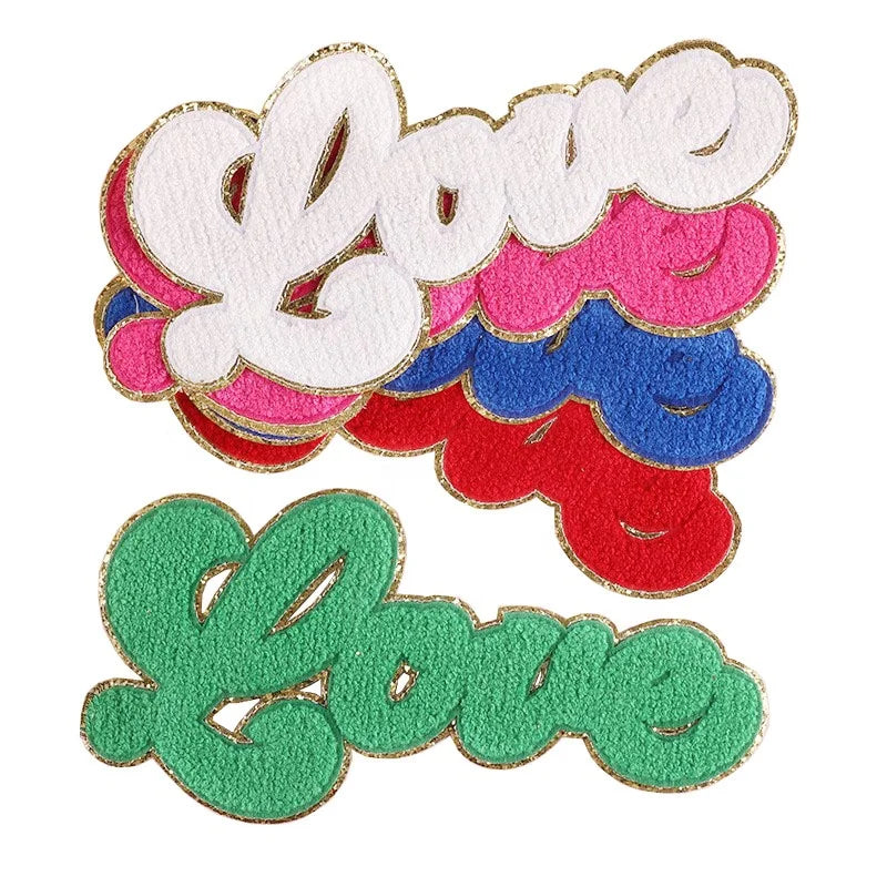 Hot Sale DIY Embroidery Patch With Gold Glitter Border Big Size Valentine's Day Love Letter Iron on Chenille Patches for Jeans