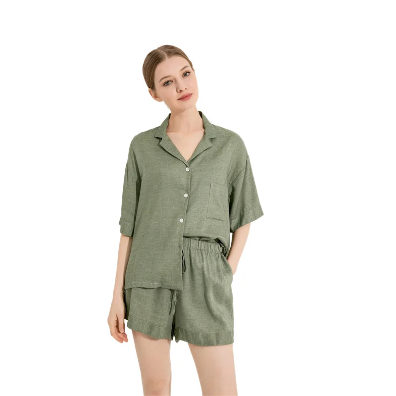 Fung 6052 Linen Blend Short Pajamas 2 Piece Sets Sleepwear Ladies Pajamas Loungewear
