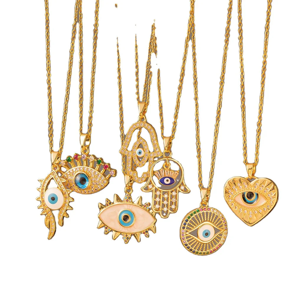 Vintage Gold Plated Blue Resin Devil Eye Rhinestone Necklace Stainless Steel Evil Eyes Pendant Necklace for Women