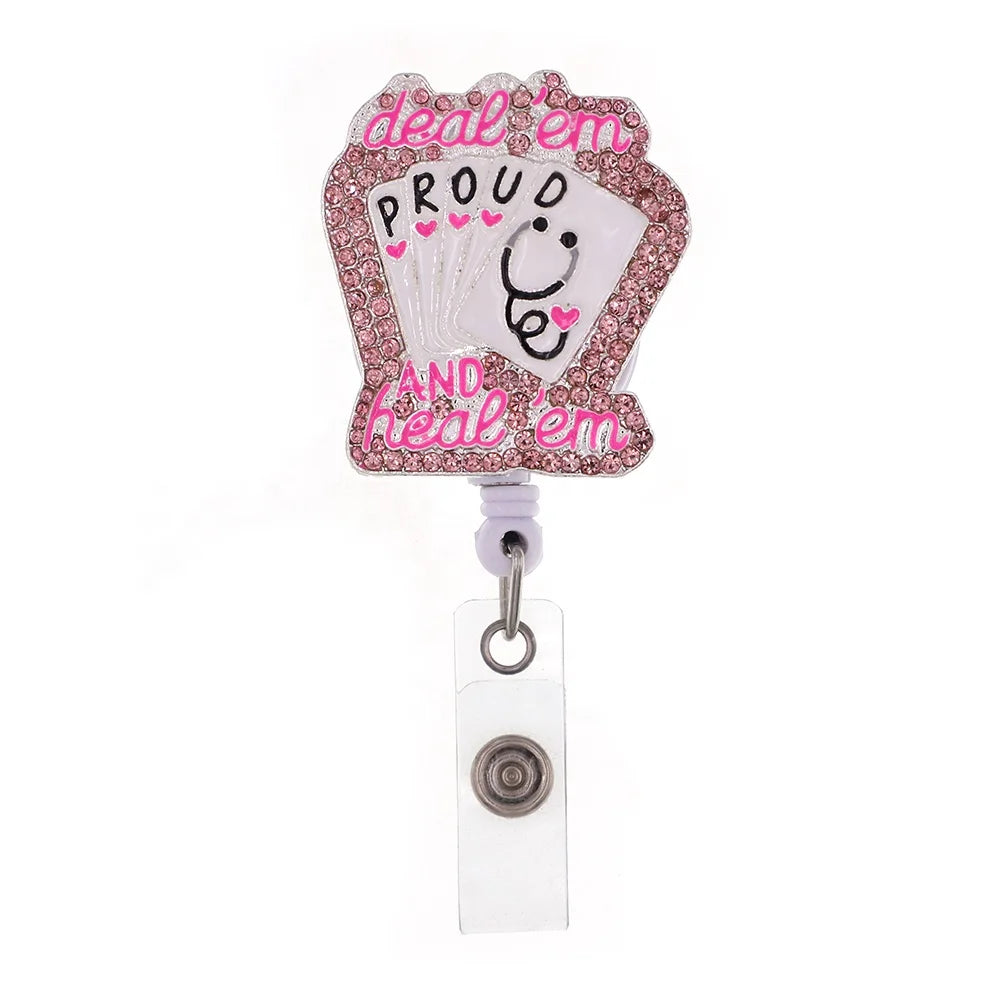 Office Supplier Pink Playing Cards With Stethoscope Badge Holder Rhinestone Retractable Badge Reel
