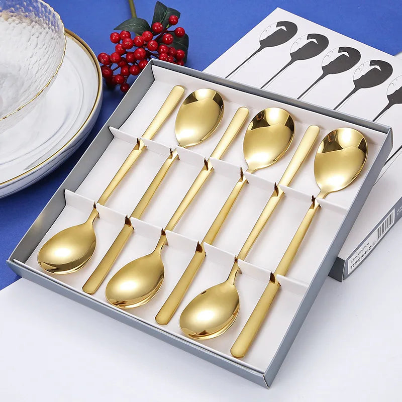 Dinner Cutlery Silver and Gold Gift Box 6pcs Mirrors Gold Set Stainless Steel Spoon Set with Box