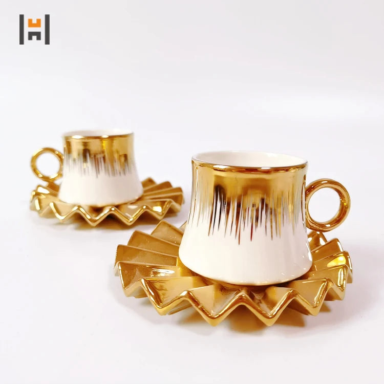 Modern Luxury Turkish Espresso Cup & Saucer Wavy Gold-Plated Porcelain Coffee Cups Saucer With Gift Package