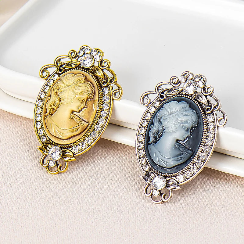 Vintage Sparkling Rhinestone Beauty Girl Head Brooches Fashion Oval Portrait Brooch Women Accessory