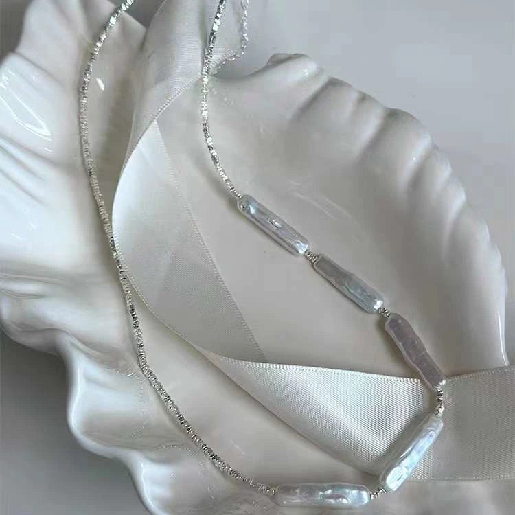 925 Sterling Silver AAAA Grade Natural White Freshwater Baroque Pearl Necklace French Retro Niche Design Platinum Plated Broken