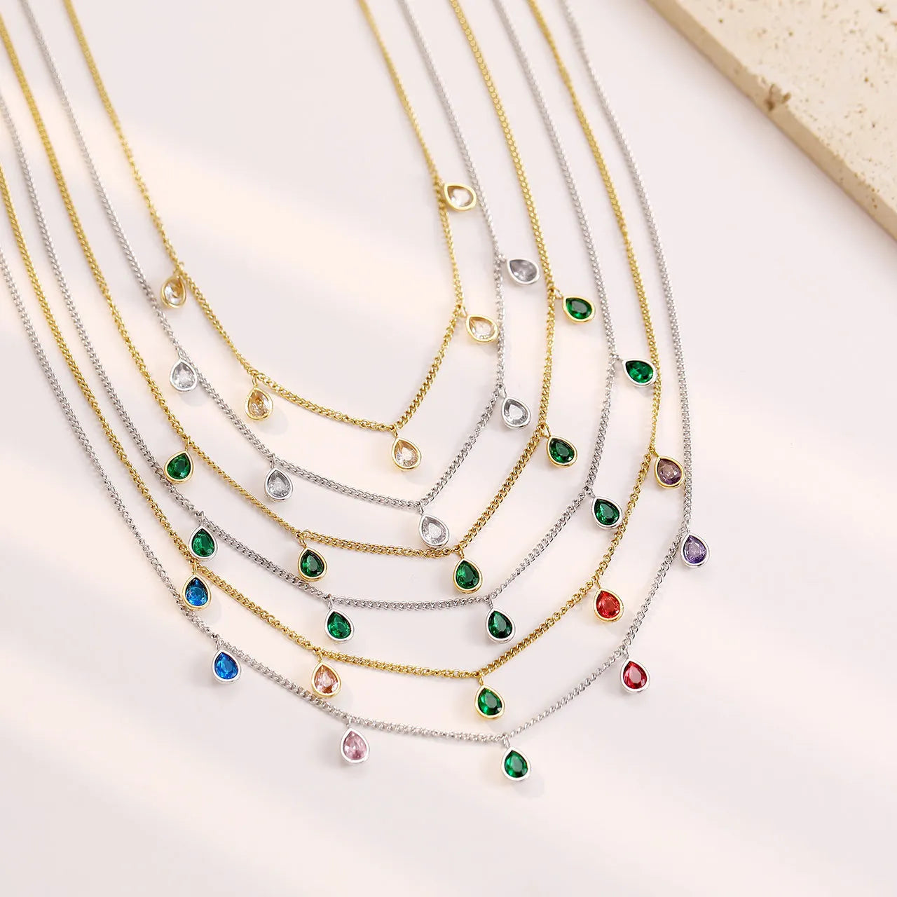 New Fashion Unique Design Lasting Stainless Steel Chain Drip Multicolour CZ Simple Style Choker Collarbone Necklace Women B-563