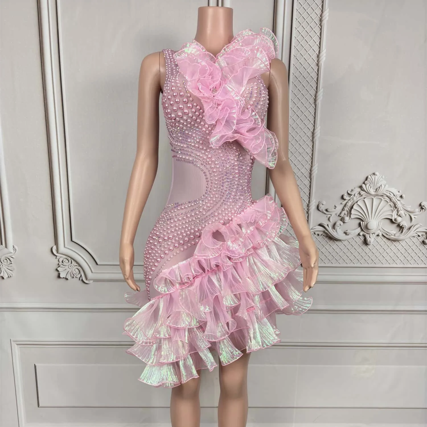 Sexy Pearls Birthday Party Wedding Bodycon Dress Graduation Dinner Gown Festival Costumes Women Ruffles Mini Club Party Dress