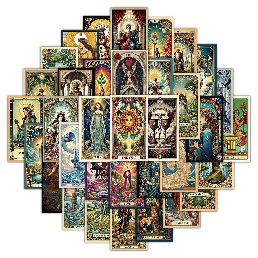 48Pcs Classic Tarot Art Style Graffiti Stickers for Luggage Laptop Decor Tarot Card Divination Sticker