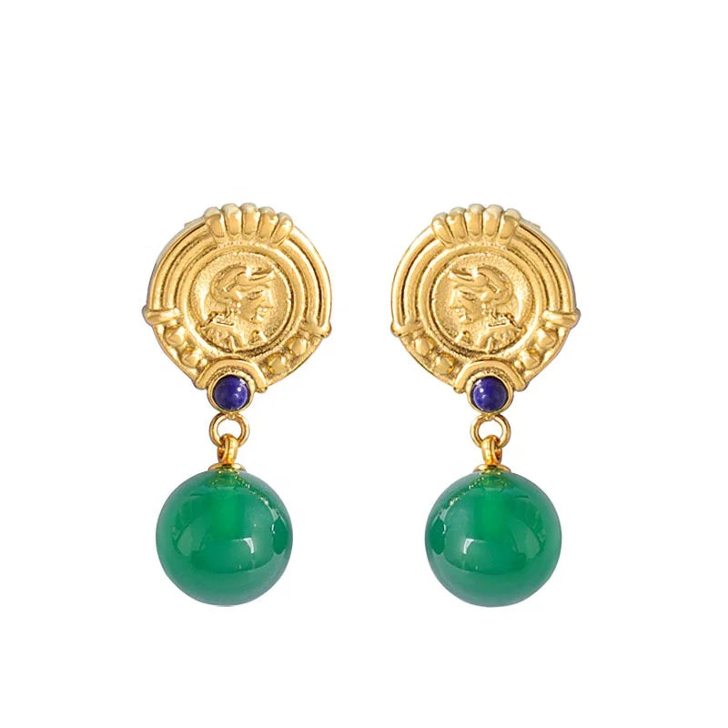 Handmade 18k Gold Plated | Drop &amp; Dangle Green Onyx Gemstones Earring | Double Stone Round Shape Jewelry | Mode Joyas