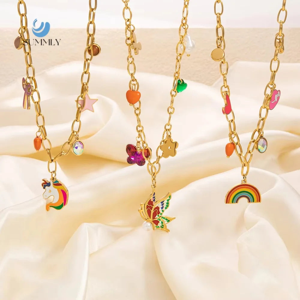 SUMMLY Oil Drop Cartoon Rainbow 18K Gold Plated Stainless Steel Pendant Necklace Fashion Jewelry Manufacturer