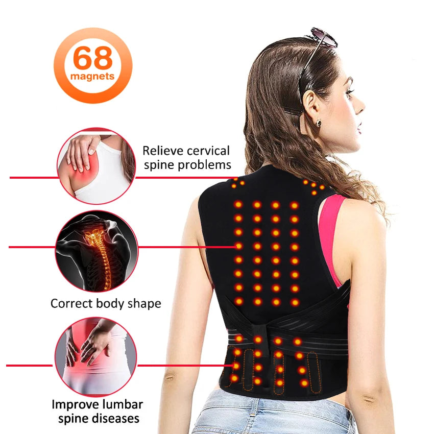 68PCS Magnets Self-heating Magnetic Tourmaline Back Brace Adjustable Back Posture Corrector Belt for Men Women Keeping Warm