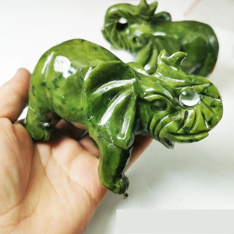 Hand-Carved Green Jade Elephant Crystals Polished Gemstone Engraving Love Style DIY Healing Stones