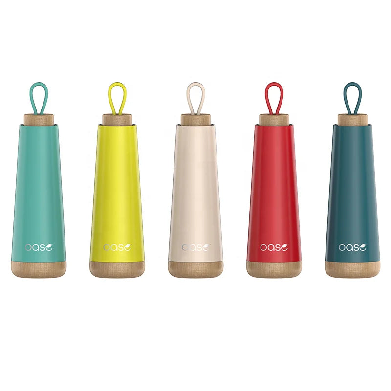 500 ml Eco-Friendly Insulated Stainless Steel Reusable Water Bottle with Wood Lid Back to School Portable