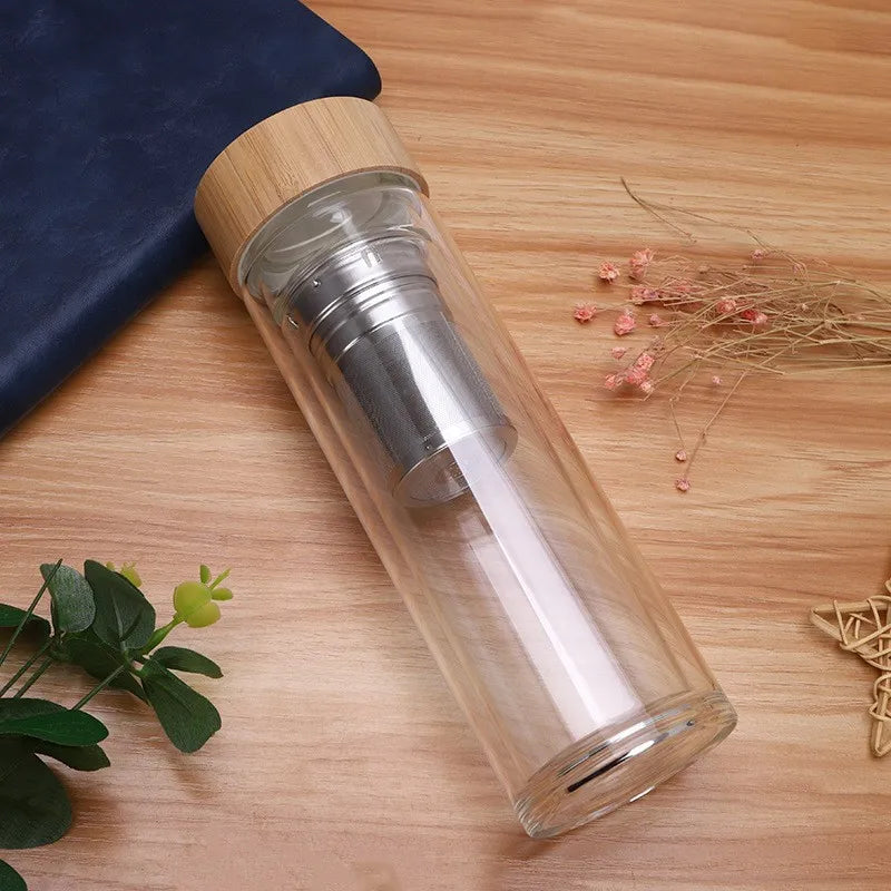 Large Volume Reusable Double Wall Glass Drinking Bottle With Infuser Bamboo Lid Glass Tea Water Bottle