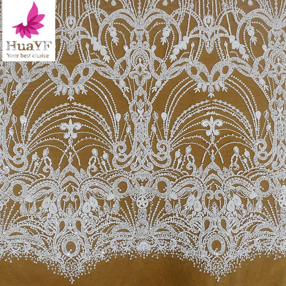 HY2746 Elegant White Sequins Beaded Embroidery Tulle Lace Fabric for Women Bridal Dress