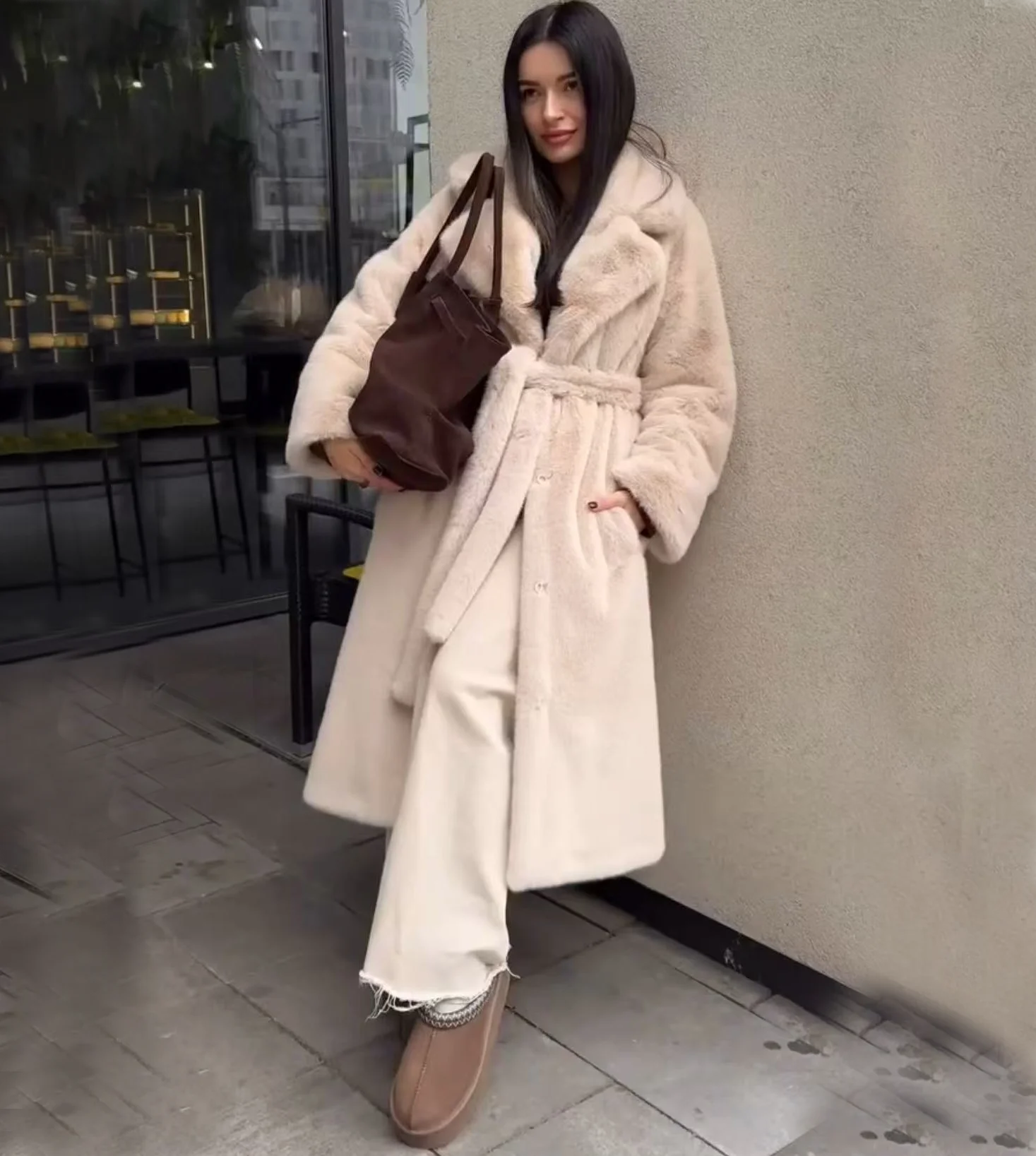 Women's Cozy Long Faux Mink Fur Trench Coat with Lapel Dropshipping 2021 Winter Outwear Finished Product