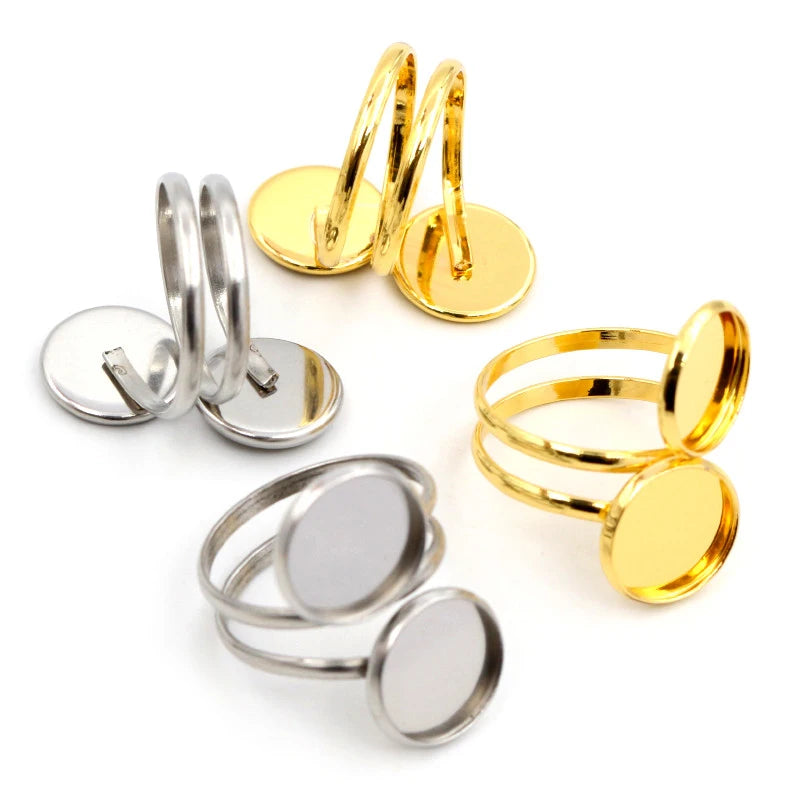 5pcs Stainless Steel Gold Plated 12mm Adjustable Ring Settings Blank/BaseFit 12mm Glass CabochonsButtons;Ring Bezels