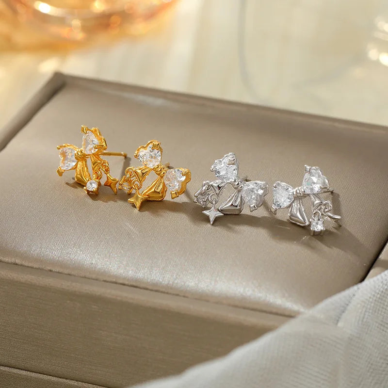 Small Gold Filled Fine Zircon Bow Shaped Stud Earring Simple 925 Sliver Bow Tie Stud Earrings
