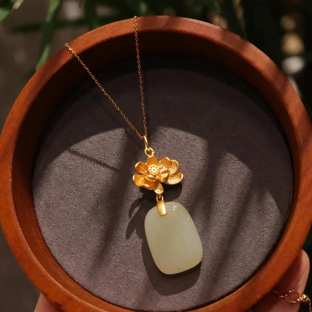 Fashion Hetian Jade Necklace Adjustable Dainty Gold Plated Natural Stone Jade Lotus Pendant Necklaces for Women