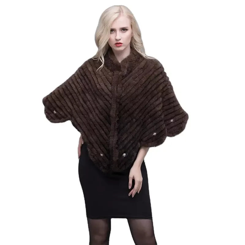MWFur Winter Fashion Keep Warm Outwear for Lady Fashion Mink Knitted Fur Shawl  With Fur Collar for Women