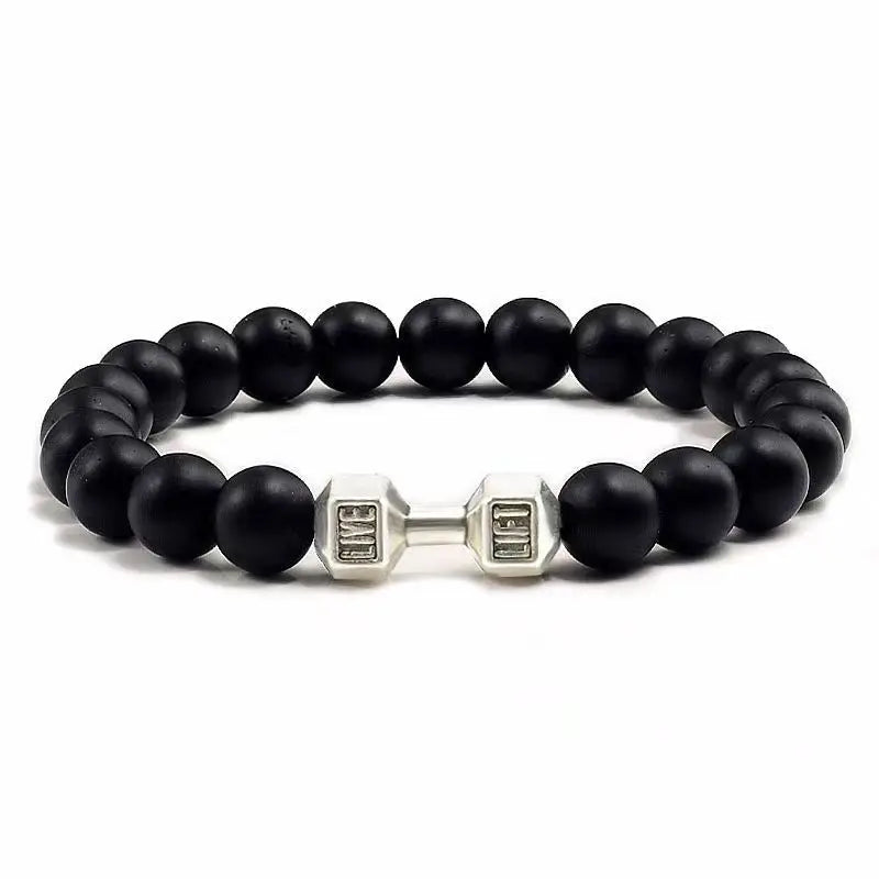 Factory Sale 8mm Crystal Lava Stone Beaded Sport Bangle Gym Dumbbell Yoga Fitness Bracelet for Men and Women for Anniversary