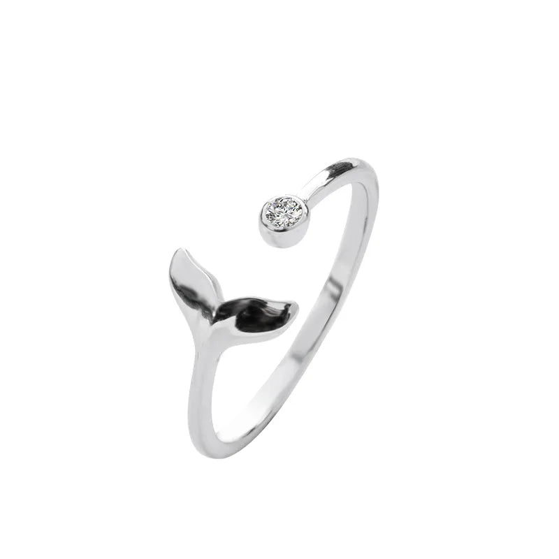 Hot Sale Wholesale Silver Opening Ring Resizable Whale Tail Rings for Women Jewelry 2021