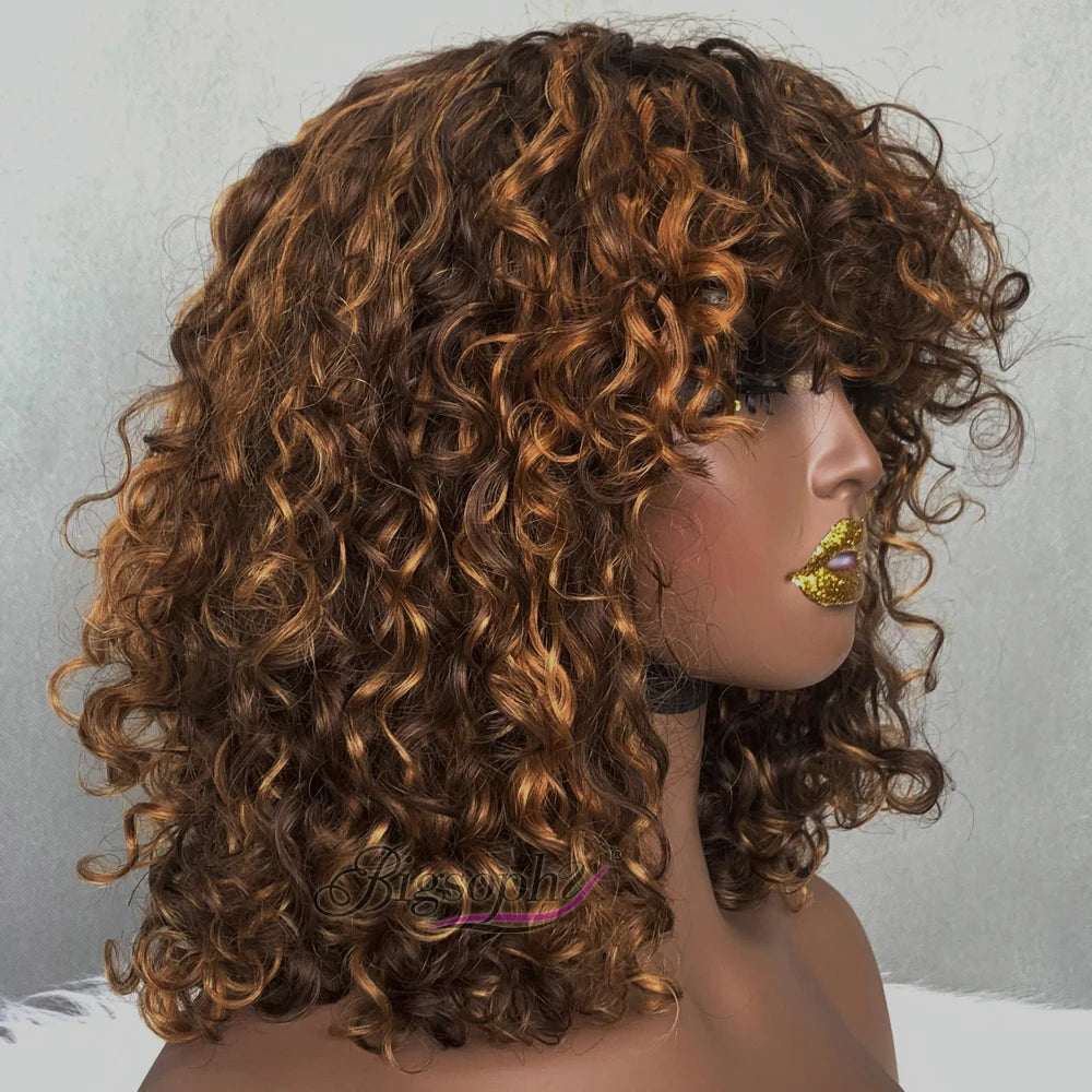 Promotion Price Super Double Drawn Piano Color Real Human Hair12 Inches P4/27 Luxury Curl Fringe Short Bob Wigs for Black Women